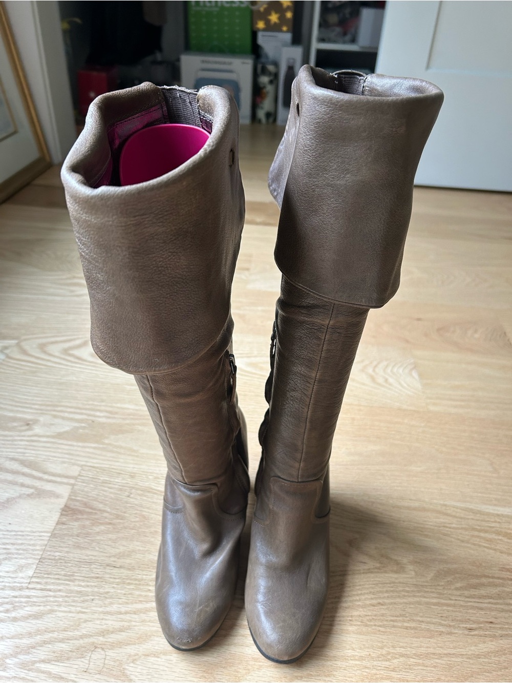 Sam Edelman Fold-Over Over-the-Knee Leather Boots in Taupe